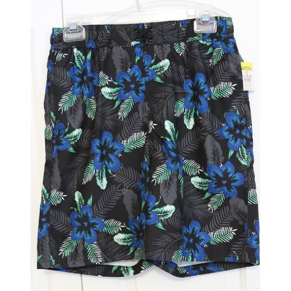 Revolution Boys XL 16/18 Swim Trunks Tropical Floral Palm Leaf Black Blue Green